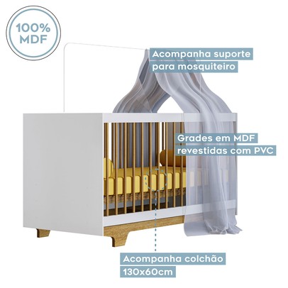 Quarto de Bebê Completo Flocos 100% Mdf 4 Portas 2 Gavetas Branco/Ypê 4103 - Tigus Baby