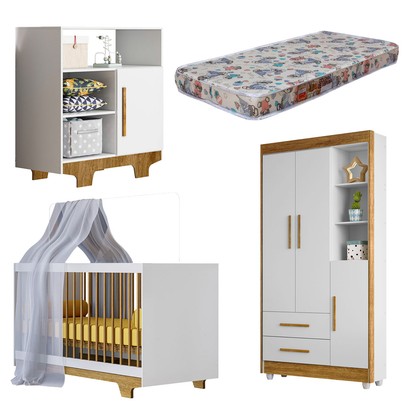 Quarto de Bebê Completo Flocos 100% Mdf 4 Portas 2 Gavetas Branco/Ypê 4103 - Tigus Baby
