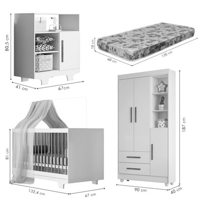 Quarto de Bebê Completo Flocos 100% Mdf 4 Portas 2 Gavetas Branco/Ypê 4103 - Tigus Baby