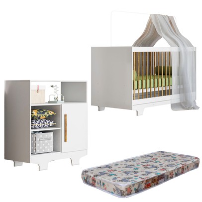 Quarto de Bebê Completo Flocos 100% Mdf 1 Porta Branco 4104 - Tigus Baby