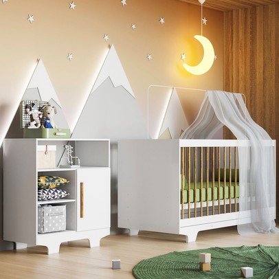 Quarto de Bebê Completo Flocos 100% Mdf 1 Porta Branco 4104 - Tigus Baby