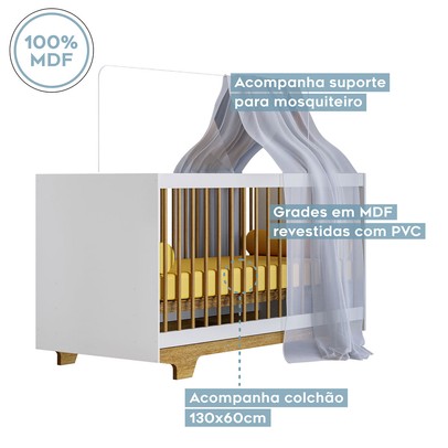 Quarto de Bebê Completo Flocos 100% Mdf 1 Porta Branco/Ypê 4104 - Tigus Baby