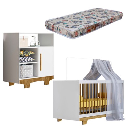 Quarto de Bebê Completo Flocos 100% Mdf 1 Porta Branco/Ypê 4104 - Tigus Baby