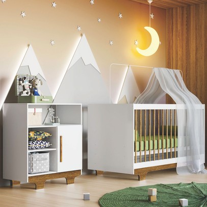 Quarto de Bebê Completo Flocos 100% Mdf 1 Porta Branco/Ypê 4104 - Tigus Baby