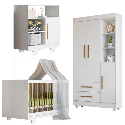 Quarto de Bebê Completo Flocos 100% Mdf 4 Portas 2 Gavetas Branco 4105 - Tigus Baby