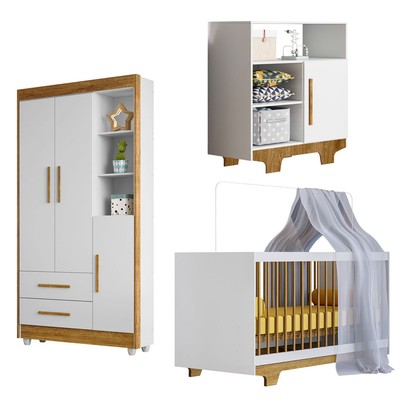Quarto de Bebê Completo Flocos 100% Mdf 4 Portas 2 Gavetas Branco/Ypê 4105 - Tigus Baby