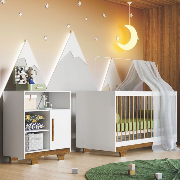 Quarto de Bebê Completo Flocos 100% Mdf 1 Porta Branco/Ypê 4106 - Tigus Baby
