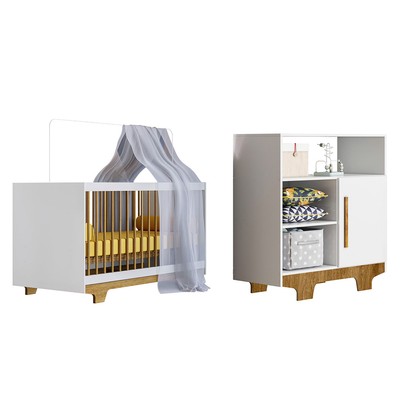 Quarto de Bebê Completo Flocos 100% Mdf 1 Porta Branco/Ypê 4106 - Tigus Baby