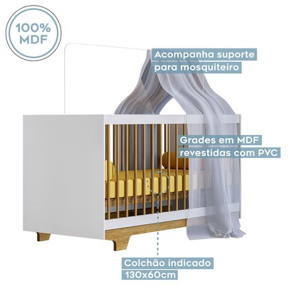 Quarto de Bebê Completo Flocos 100% Mdf 1 Porta Branco/Ypê 4106 - Tigus Baby