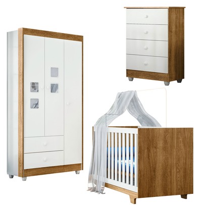 Quarto de Bebê Completo Life 100% Mdf 3 Portas 6 Gavetas Branco/Ypê 4109 - Tigus Baby