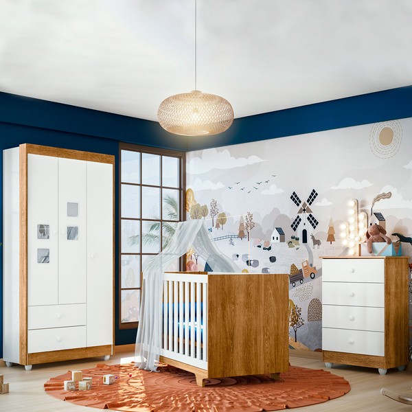 Quarto de Bebê Completo Life 100% Mdf 3 Portas 6 Gavetas Branco/Ypê 4109 - Tigus Baby