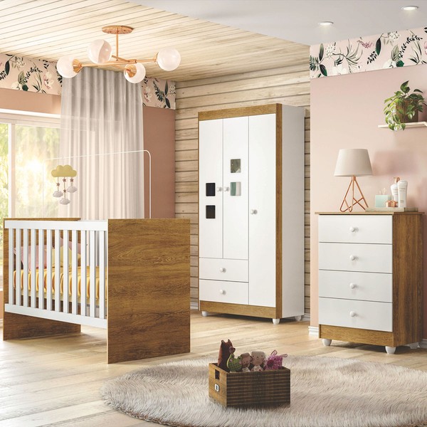 Quarto de Bebê Completo Life 100% Mdf 3 Portas 6 Gavetas Branco/Ypê 4110 - Tigus Baby