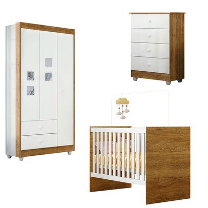 Quarto de Bebê Completo Life 100% Mdf 3 Portas 6 Gavetas Branco/Ypê 4110 - Tigus Baby