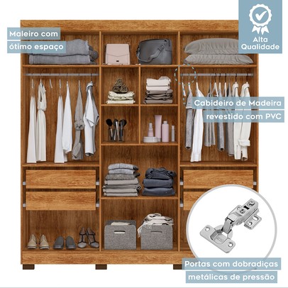 Guarda-Roupa Casal Flórida 100% Mdf 6 Portas 4 Gavetas Amadeirado 4460 - Tigus Baby