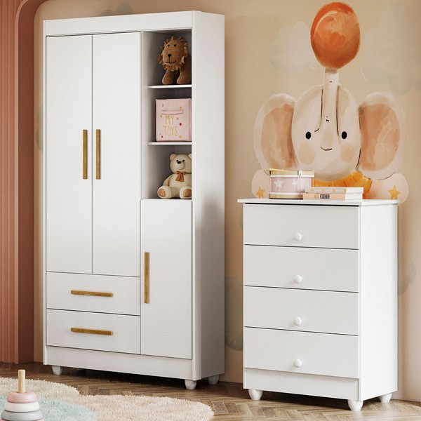 Quarto de Bebê Completo Lara 100% Mdf 3 Portas 6 Gavetas Branco 5346 - Tigus Baby