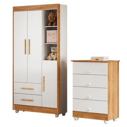 Quarto de Bebê Completo Lara 100% Mdf 3 Portas 6 Gavetas Amadeirado/Branco 5346 - Tigus Baby