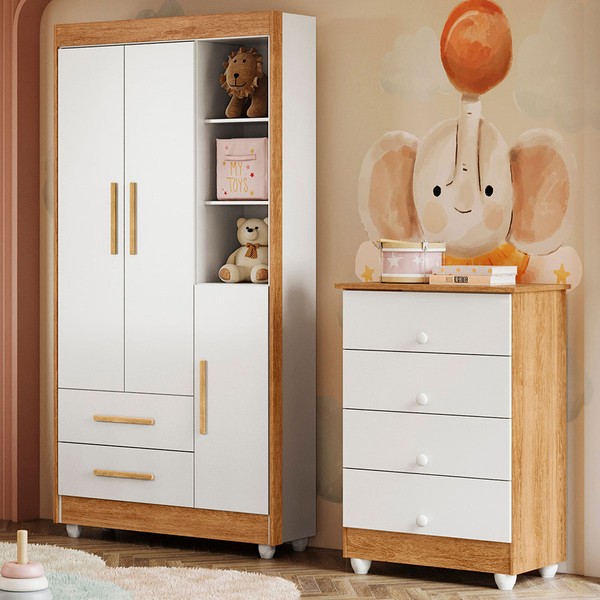 Quarto de Bebê Completo Lara 100% Mdf 3 Portas 6 Gavetas Amadeirado/Branco 5346 - Tigus Baby