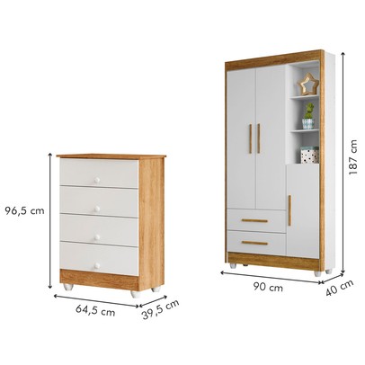 Quarto de Bebê Completo Lara 100% Mdf 3 Portas 6 Gavetas Amadeirado/Branco 5346 - Tigus Baby