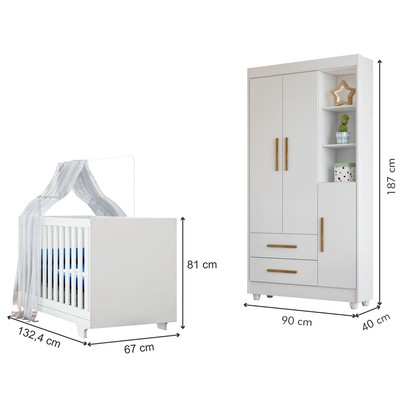 Quarto de Bebê Completo Lara 100% Mdf 3 Portas 2 Gavetas Branco 5351 - Tigus Baby