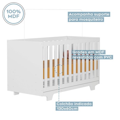 Quarto de Bebê Completo Lara 100% Mdf 3 Portas 2 Gavetas Branco 5351 - Tigus Baby