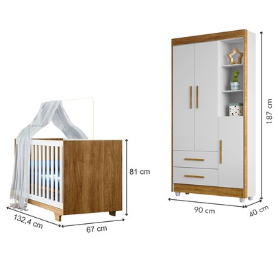 Quarto de Bebê Completo Lara 100% Mdf 3 Portas 2 Gavetas Amadeirado/Branco 5351 - Tigus Baby
