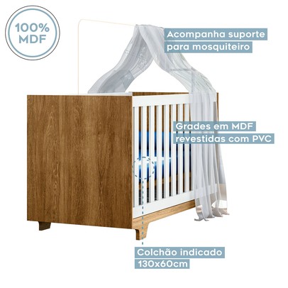 Quarto de Bebê Completo Lara 100% Mdf 3 Portas 2 Gavetas Amadeirado/Branco 5351 - Tigus Baby