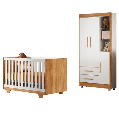 Quarto de Bebê Completo Lara 100% Mdf 3 Portas 2 Gavetas Amadeirado/Branco 5351 - Tigus Baby