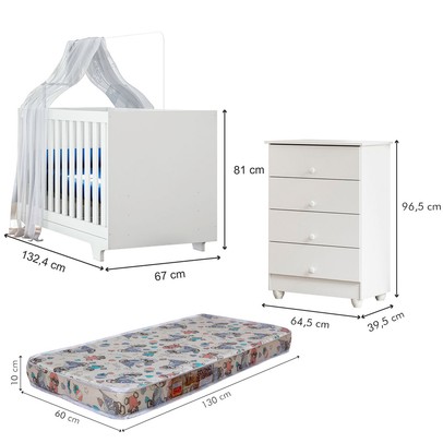 Quarto de Bebê Completo Lara 100% Mdf 4 Gavetas Branco 5353 - Tigus Baby