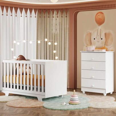 Quarto de Bebê Completo Lara 100% Mdf 4 Gavetas Branco 5353 - Tigus Baby
