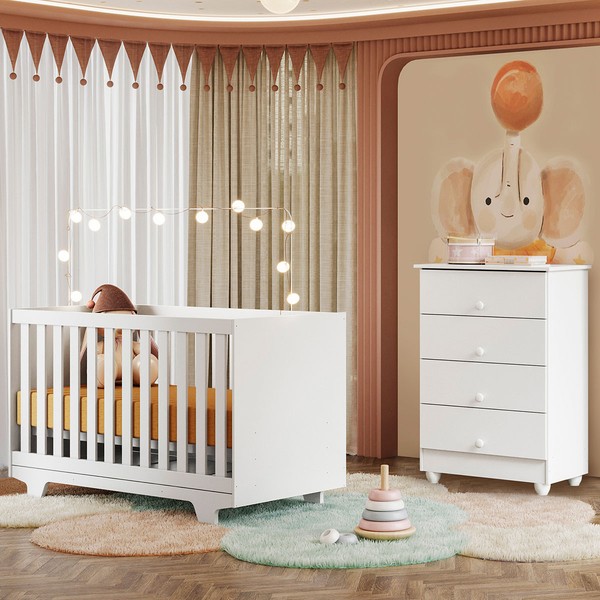 Quarto de Bebê Completo Lara 100% Mdf 4 Gavetas Branco 5353 - Tigus Baby