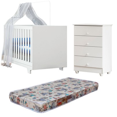 Quarto de Bebê Completo Lara 100% Mdf 4 Gavetas Branco 5353 - Tigus Baby