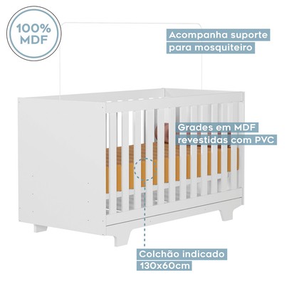 Quarto de Bebê Completo Lara 100% Mdf 4 Gavetas Branco 5353 - Tigus Baby
