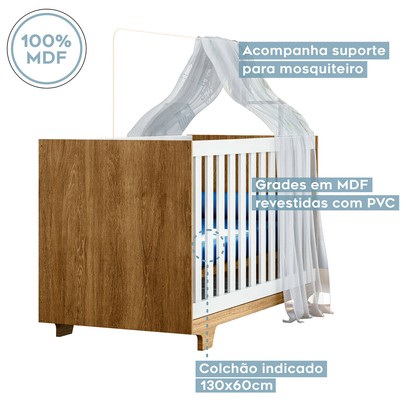 Quarto de Bebê Completo Lara 100% Mdf 4 Gavetas Amadeirado/Branco 5353 - Tigus Baby