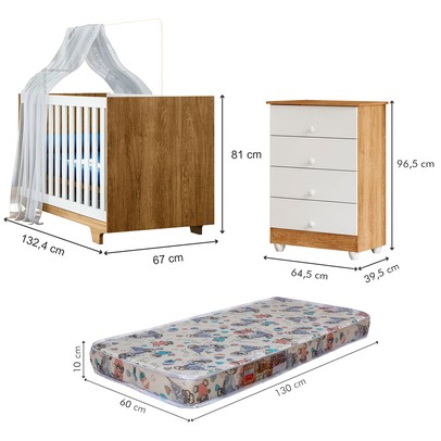 Quarto de Bebê Completo Lara 100% Mdf 4 Gavetas Amadeirado/Branco 5353 - Tigus Baby