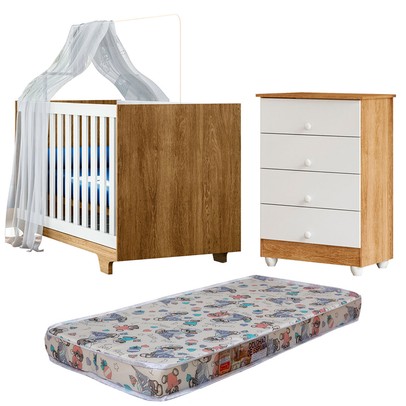 Quarto de Bebê Completo Lara 100% Mdf 4 Gavetas Amadeirado/Branco 5353 - Tigus Baby