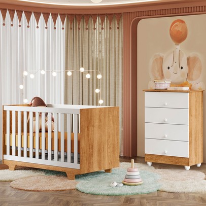 Quarto de Bebê Completo Lara 100% Mdf 4 Gavetas Amadeirado/Branco 5353 - Tigus Baby