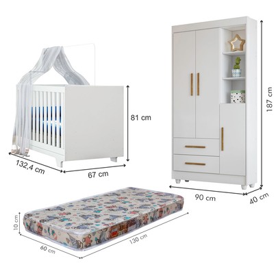 Quarto de Bebê Completo Lara 100% Mdf 3 Portas 2 Gavetas Branco 5354 - Tigus Baby