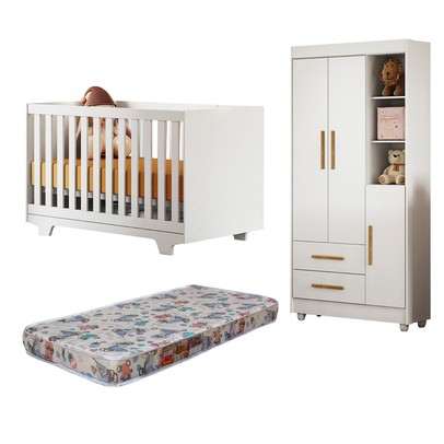 Quarto de Bebê Completo Lara 100% Mdf 3 Portas 2 Gavetas Branco 5354 - Tigus Baby