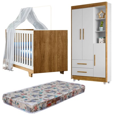 Quarto de Bebê Completo Lara 100% Mdf 3 Portas 2 Gavetas Amadeirado/Branco 5354 - Tigus Baby