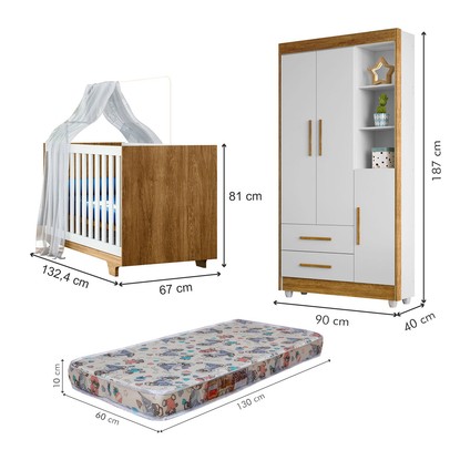 Quarto de Bebê Completo Lara 100% Mdf 3 Portas 2 Gavetas Amadeirado/Branco 5354 - Tigus Baby