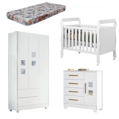 Quarto de Bebê Completo Mila 100% Mdf 4 Portas 6 Gavetas Branco 5299 - Tigus Baby