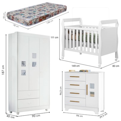 Quarto de Bebê Completo Mila 100% Mdf 4 Portas 6 Gavetas Branco 5299 - Tigus Baby
