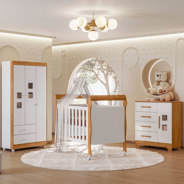 Quarto de Bebê Completo Mila 100% Mdf 4 Portas 6 Gavetas Branco/Amadeirado 5299 - Tigus Baby