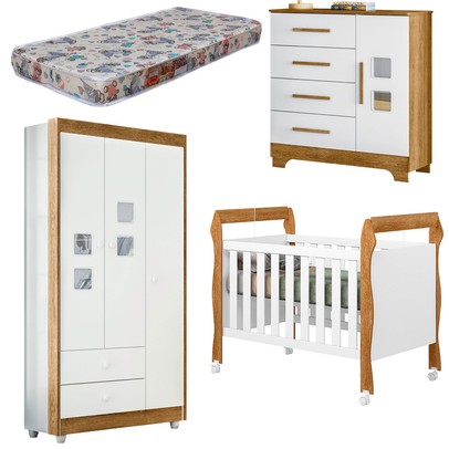 Quarto de Bebê Completo Mila 100% Mdf 4 Portas 6 Gavetas Branco/Amadeirado 5299 - Tigus Baby
