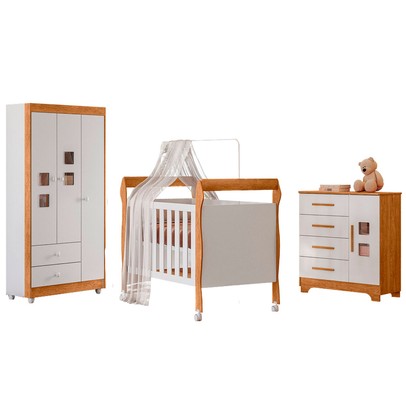Quarto de Bebê Completo Mila 100% Mdf 4 Portas 6 Gavetas Branco/Amadeirado 5425 - Tigus Baby
