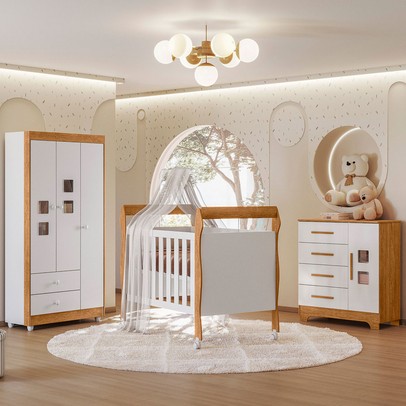 Quarto de Bebê Completo Mila 100% Mdf 4 Portas 6 Gavetas Branco/Amadeirado 5425 - Tigus Baby