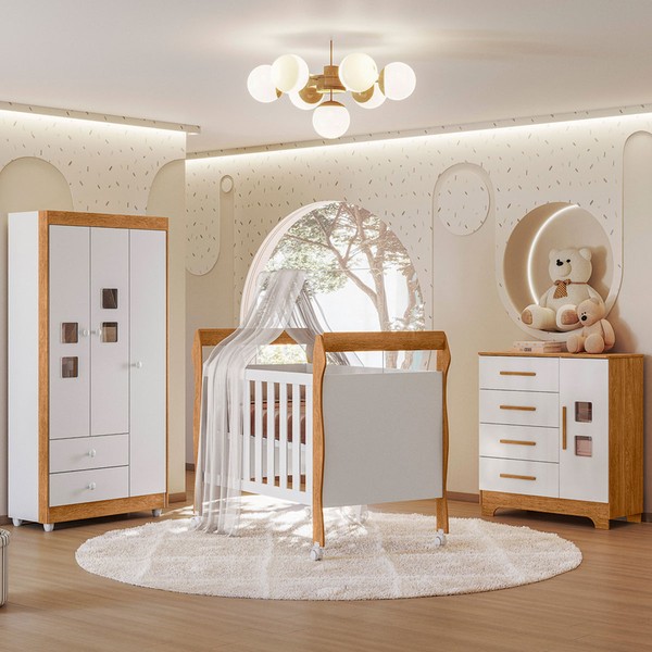 Quarto de Bebê Completo Mila 100% Mdf 4 Portas 6 Gavetas Branco/Amadeirado 5425 - Tigus Baby