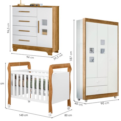 Quarto de Bebê Completo Mila 100% Mdf 4 Portas 6 Gavetas Branco/Amadeirado 5425 - Tigus Baby