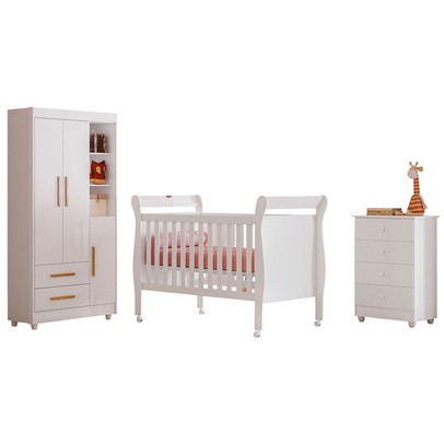 Quarto de Bebê Completo Zara 100% Mdf 3 Portas 6 Gavetas Branco 5428 - Tigus Baby