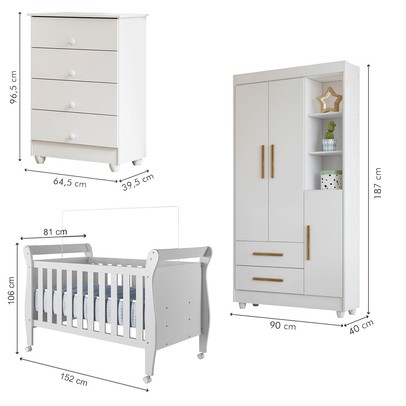 Quarto de Bebê Completo Zara 100% Mdf 3 Portas 6 Gavetas Branco 5428 - Tigus Baby